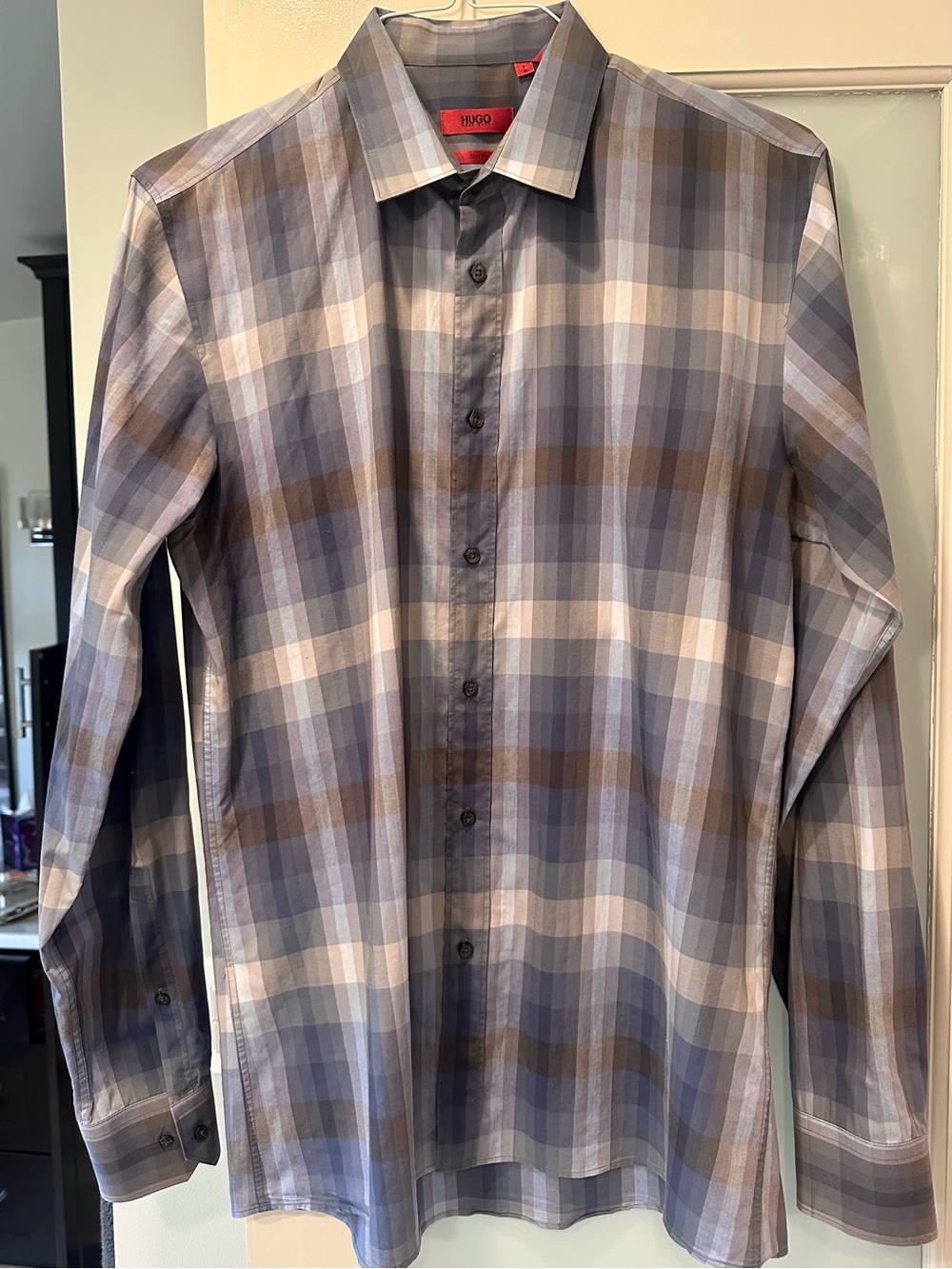 Hugo Boss Blue and Brown Plaid Dress Shirt